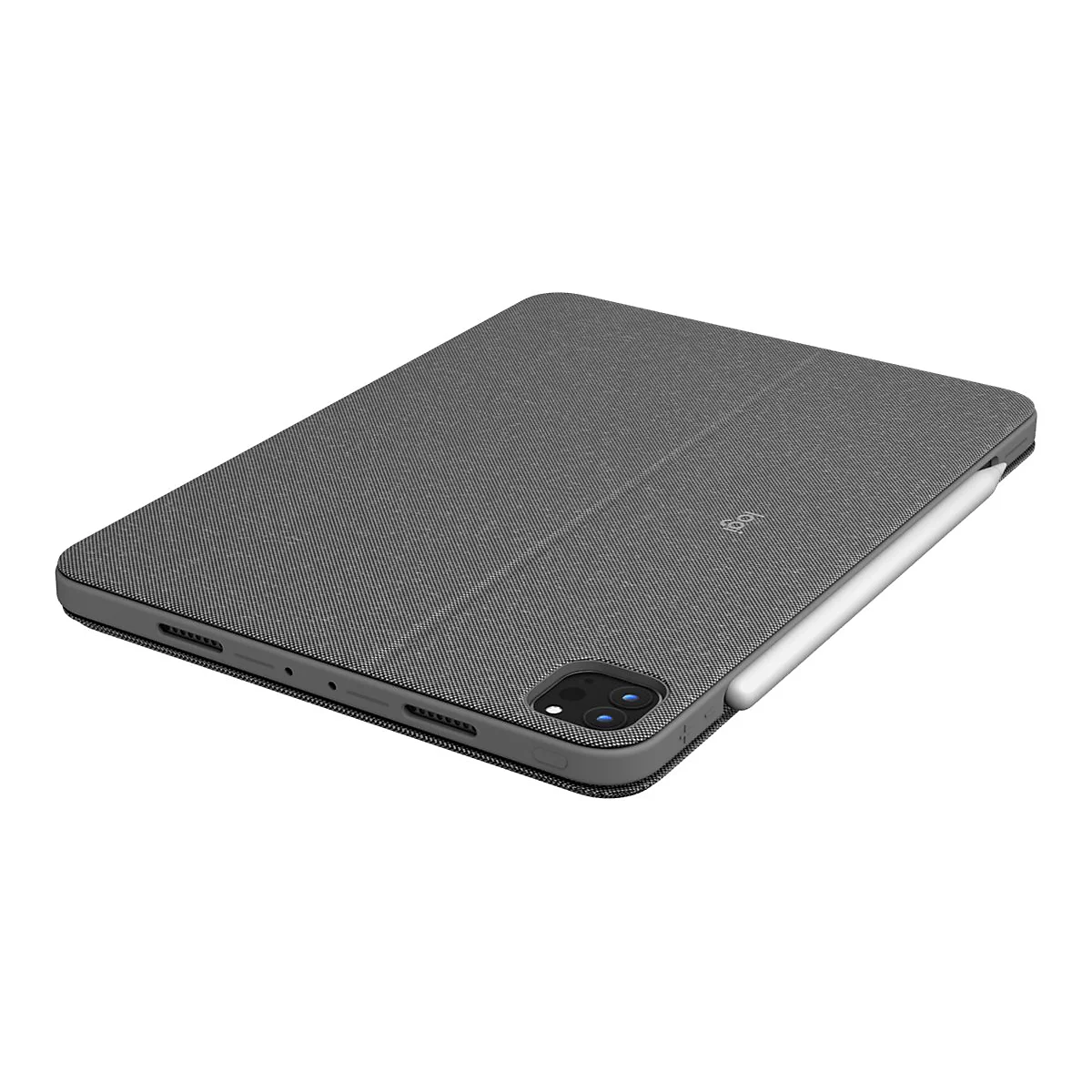 Graue iPad-Hülle mit Stift. Der Stift ist weiß, das Logo der Marke ist sichtbar.