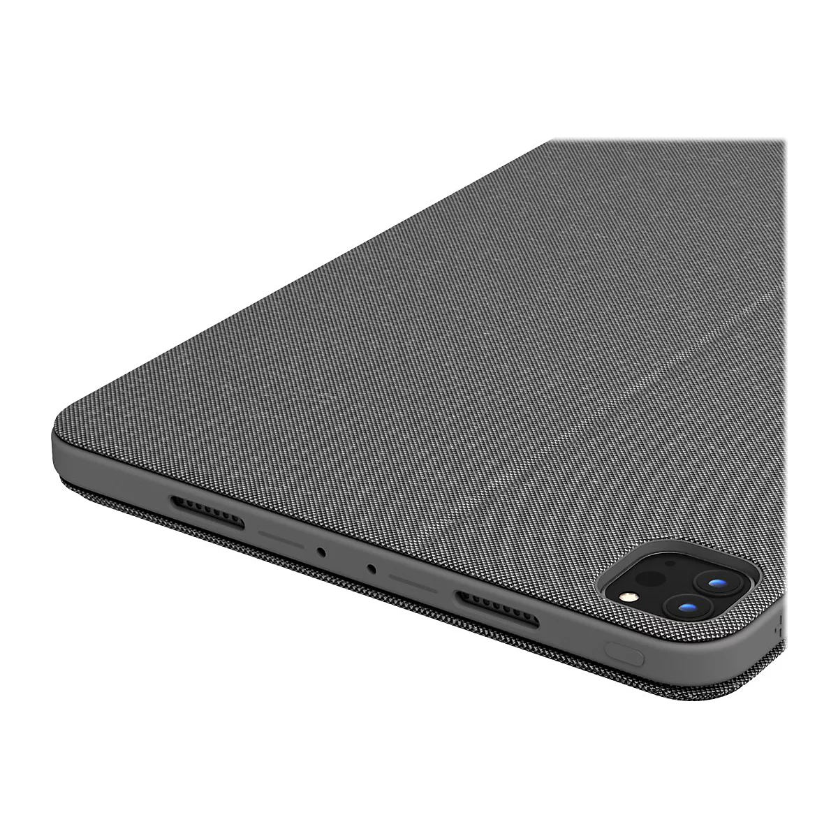 Graue iPad-Hülle, Detailaufnahme. Auf der Rückseite sind Kamera und Anschlüsse zu sehen.