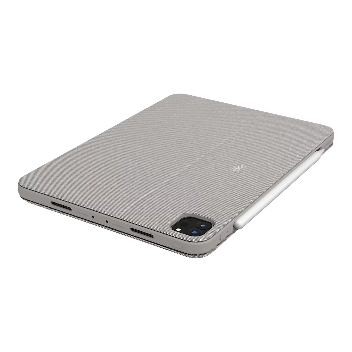 Ein graues Tablet mit HÃ¼lle und Stift liegt diagonal auf weiÃŸem Hintergrund. Auf der HÃ¼lle ist das Logo des Herstellers zu sehen.