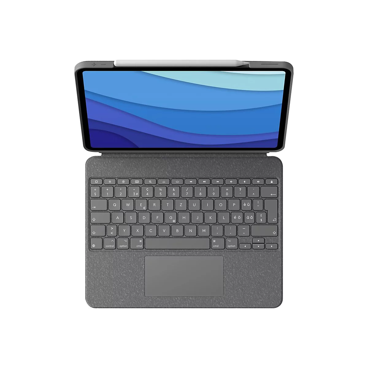 Draufsicht auf ein Tablet mit Tastatur. Auf dem Bildschirm blaue Wellenmuster. Oben ein Stift.