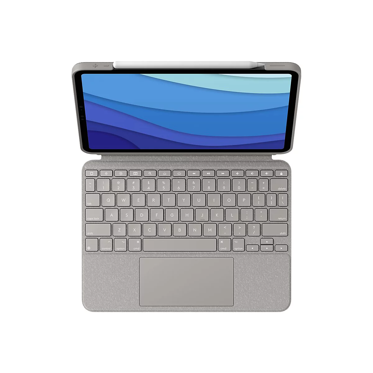 Graues Tablet mit Tastatur, Stift, blauem Wellen-Hintergrund. Oben ein Stift angedockt.