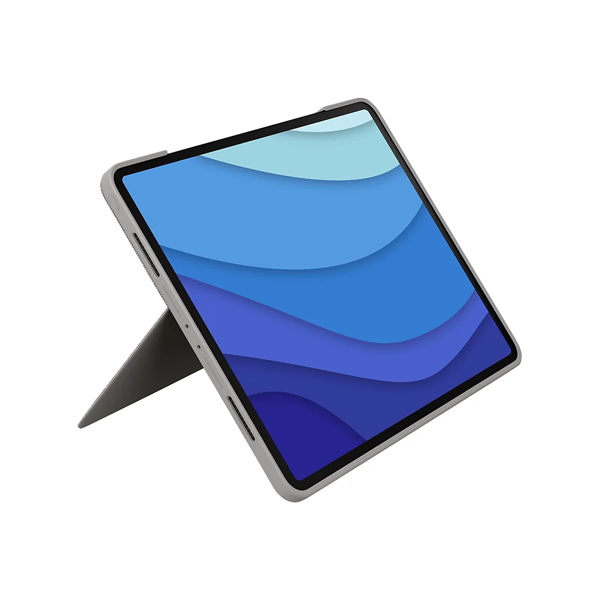 Ein Tablet mit Hülle, die als Ständer dient. Der Bildschirm zeigt blaue Wellenmuster. Die Hülle ist grau.