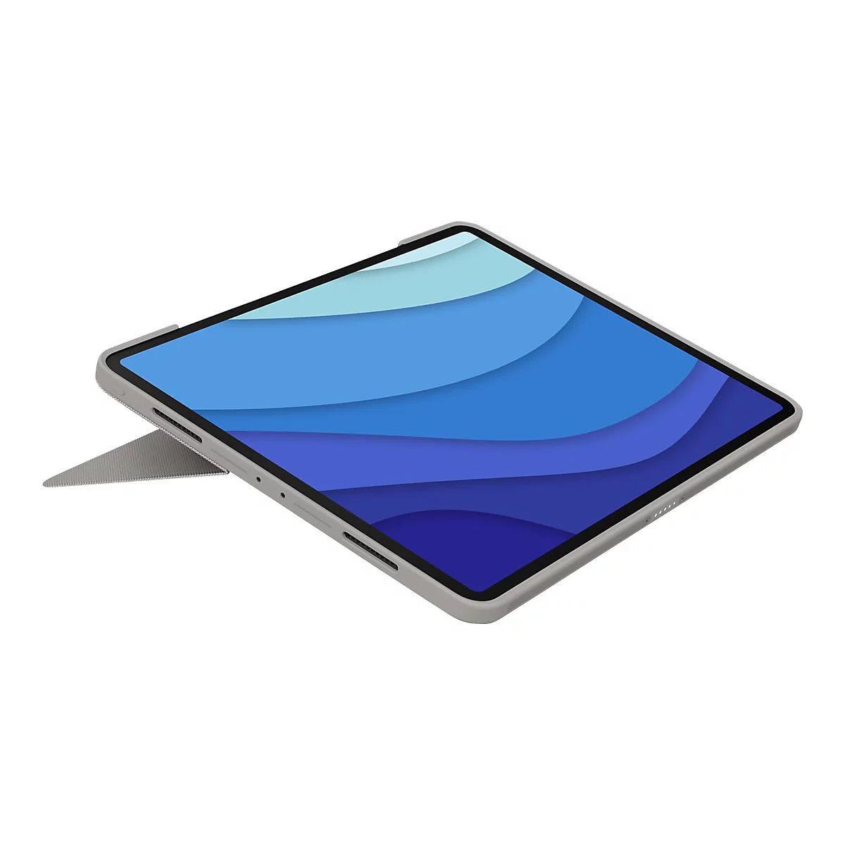 Ein Tablet mit hellgrauer Schutzhülle und einem blauen, wellenförmigen Hintergrund. Der Ständer ist hochgeklappt.