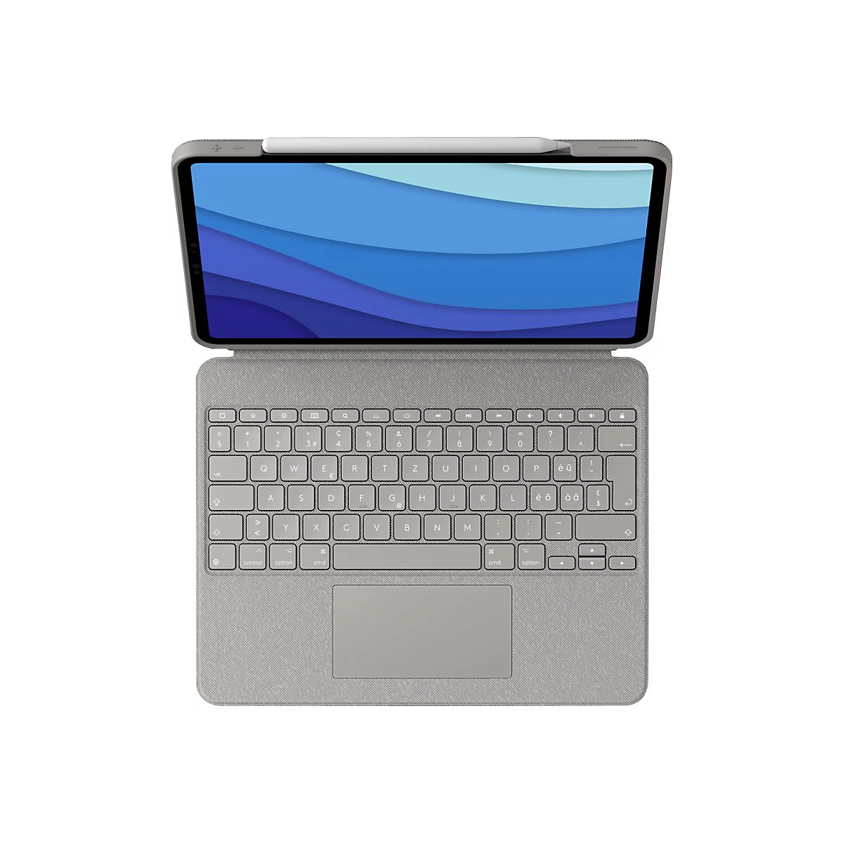 Draufsicht auf ein graues Tablet mit Tastatur und Stift. Der Bildschirm zeigt eine abstrakte, blaue Wellenform.