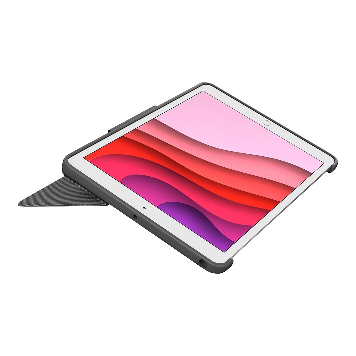Ein Tablet mit SchutzhÃ¼lle, Display mit rotem, pinkem und violettem Hintergrund. Die HÃ¼lle steht angewinkelt als StÃ¼tze.