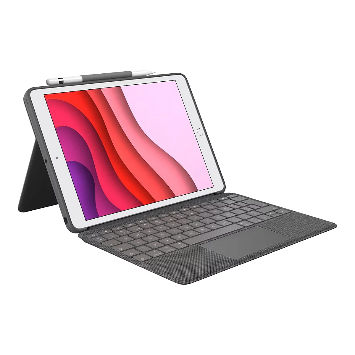 Ein iPad mit Tastatur und Stift, Display zeigt rote, rosa und weisse Wellenmuster.