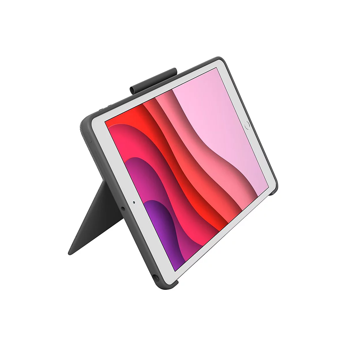 Graues Tablet mit rosa, roten und violetten Ebenen auf dem Bildschirm, die von einem Stand gehalten werden.