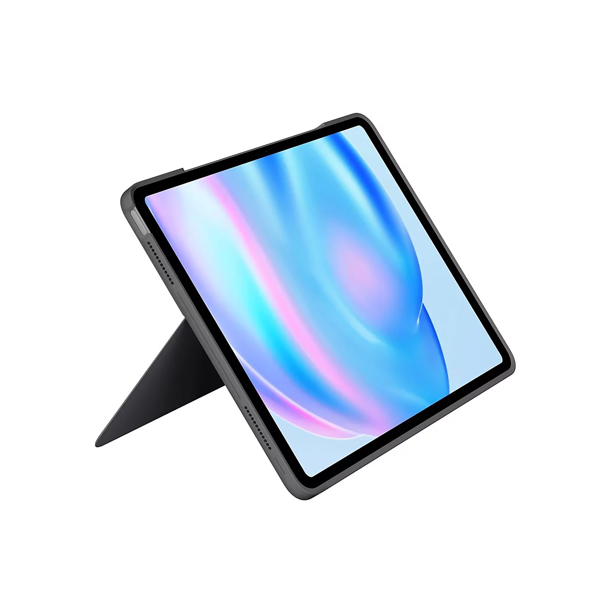 Ein graues Tablet mit Schutzhülle, die als Ständer dient, auf weißem Hintergrund. Der Bildschirm zeigt ein abstraktes, farbenfrohes Design.