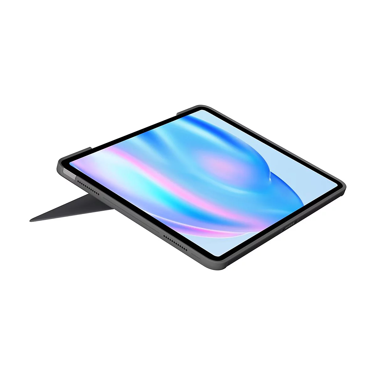Ein graues Tablet mit Display, das auf einem Ständer ruht. Auf dem Bildschirm ist eine abstrakte blaue und rosa Grafik zu sehen.