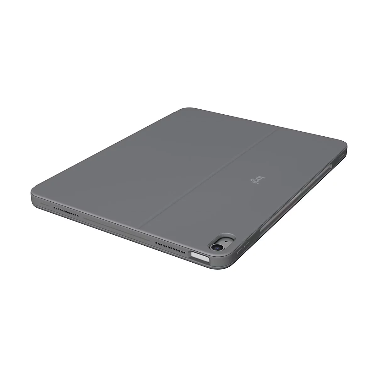 Graue Tablet-Hülle mit Logitech-Logo und Kamera.