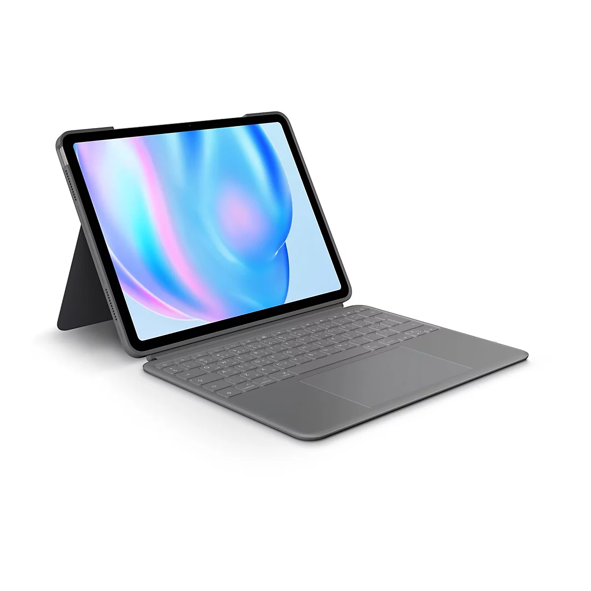 Ein Tablet mit Tastaturhülle, geöffnet, auf weißem Hintergrund.