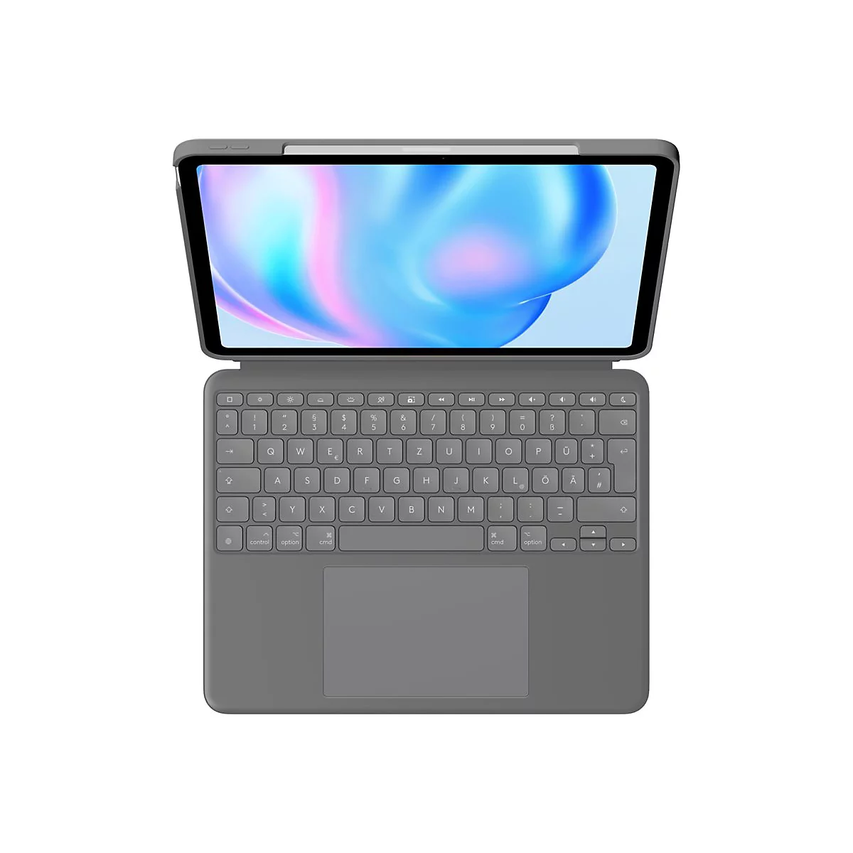 Draufsicht auf ein graues Tablet mit Tastatur und Touchpad. Der Bildschirm zeigt einen bunten, abstrakten Hintergrund.