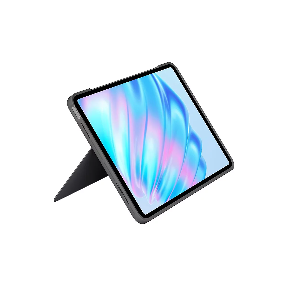 Ein Tablet mit Hülle steht schräg auf einer Halterung. Das Display zeigt einen blauen, abstrakten Hintergrund.