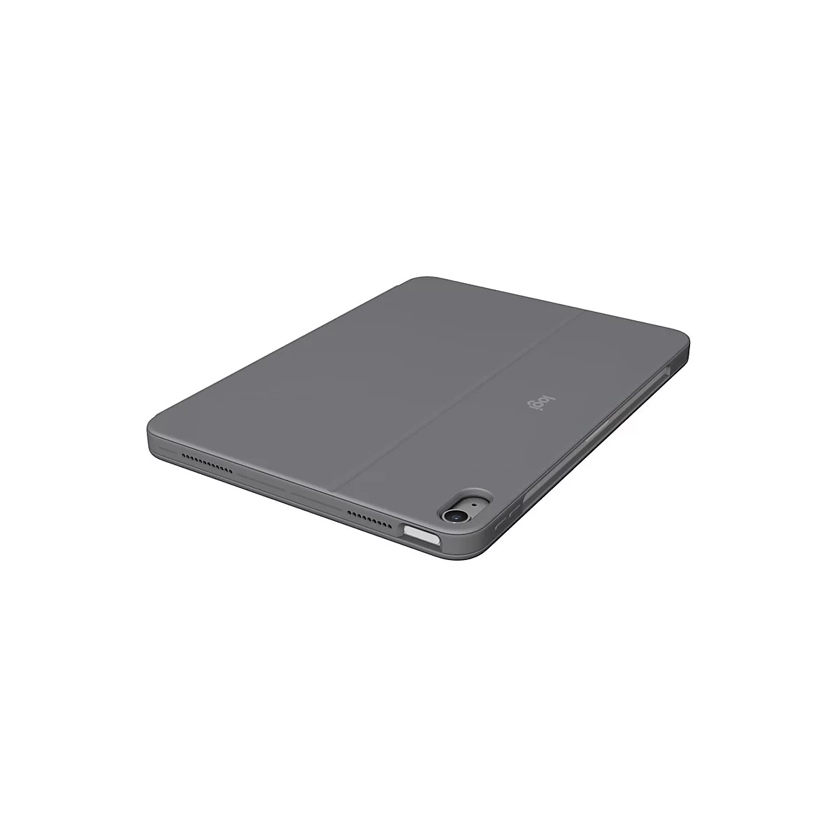 Graue Tablet-Hülle mit Logitech-Logo. Auf weißem Hintergrund.