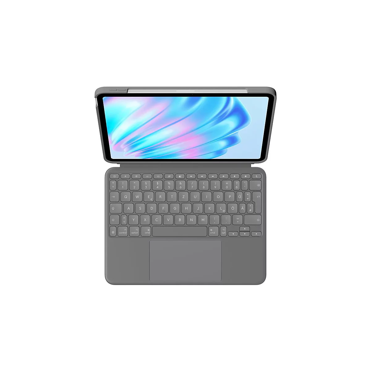 Ein graues Tablet mit Tastatur, Stift und hellem, abstraktem Hintergrund auf dem Bildschirm. Das Setup ist von oben fotografiert.