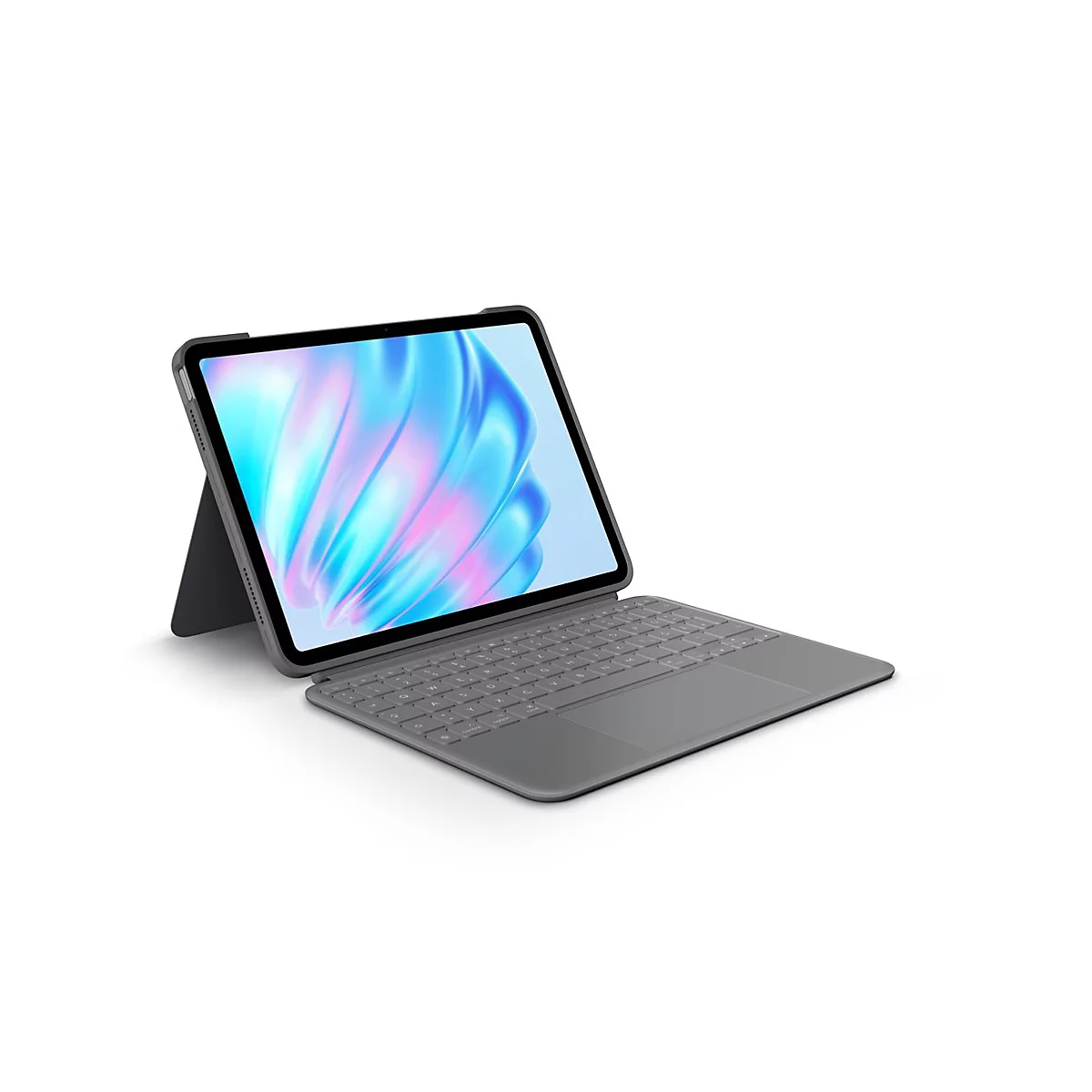 Graues Tablet mit Tastatur vor weißem Hintergrund. Bildschirm mit blau-lila Wasser-Design.