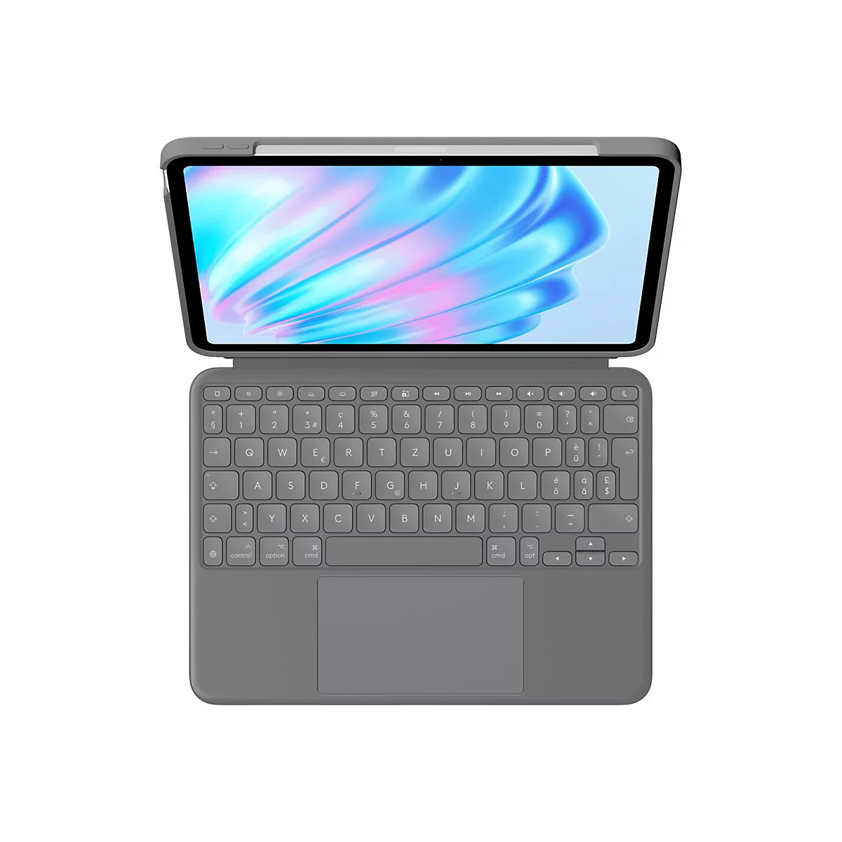 Graues Tablet mit Tastatur. Der Bildschirm zeigt blaue und rosafarbene Wellen. Die Tastatur hat ein Touchpad.