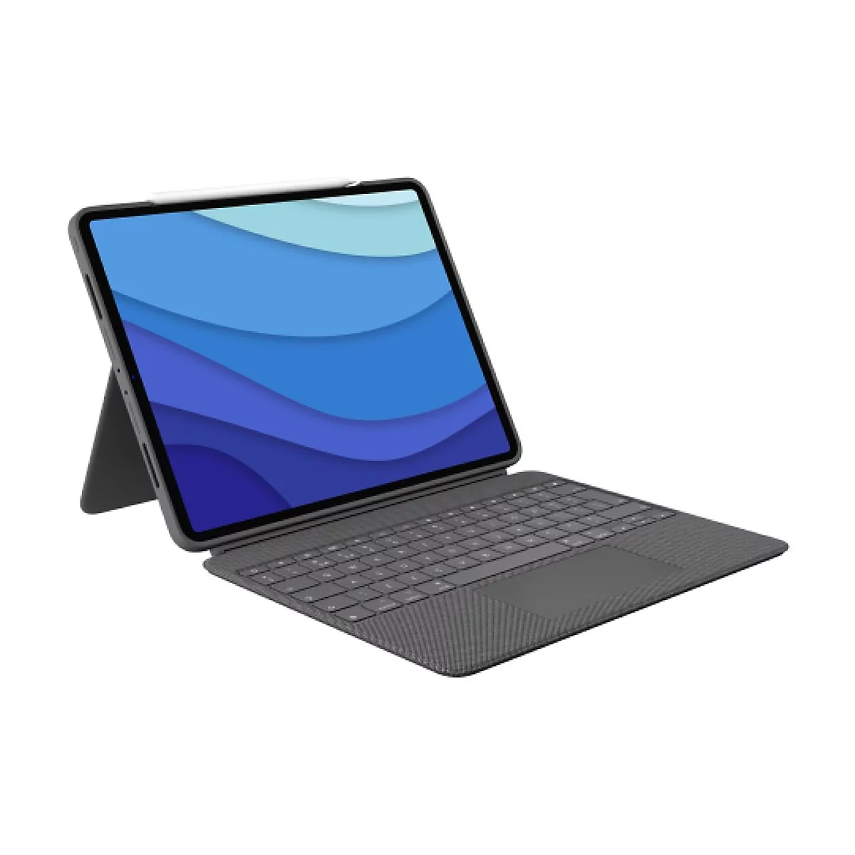 Ein iPad mit Tastatur, Stift und blauem Wellenmuster auf dem Bildschirm. Die Tastatur und der StÃ¤nder sind grau.