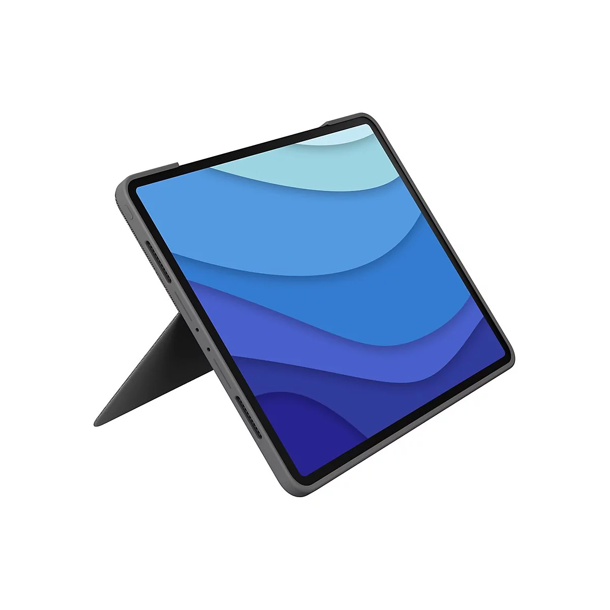 Ein Tablet in einer grauen HÃ¼lle, die als StÃ¤nder dient, mit blauem Wellenmuster auf dem Bildschirm.