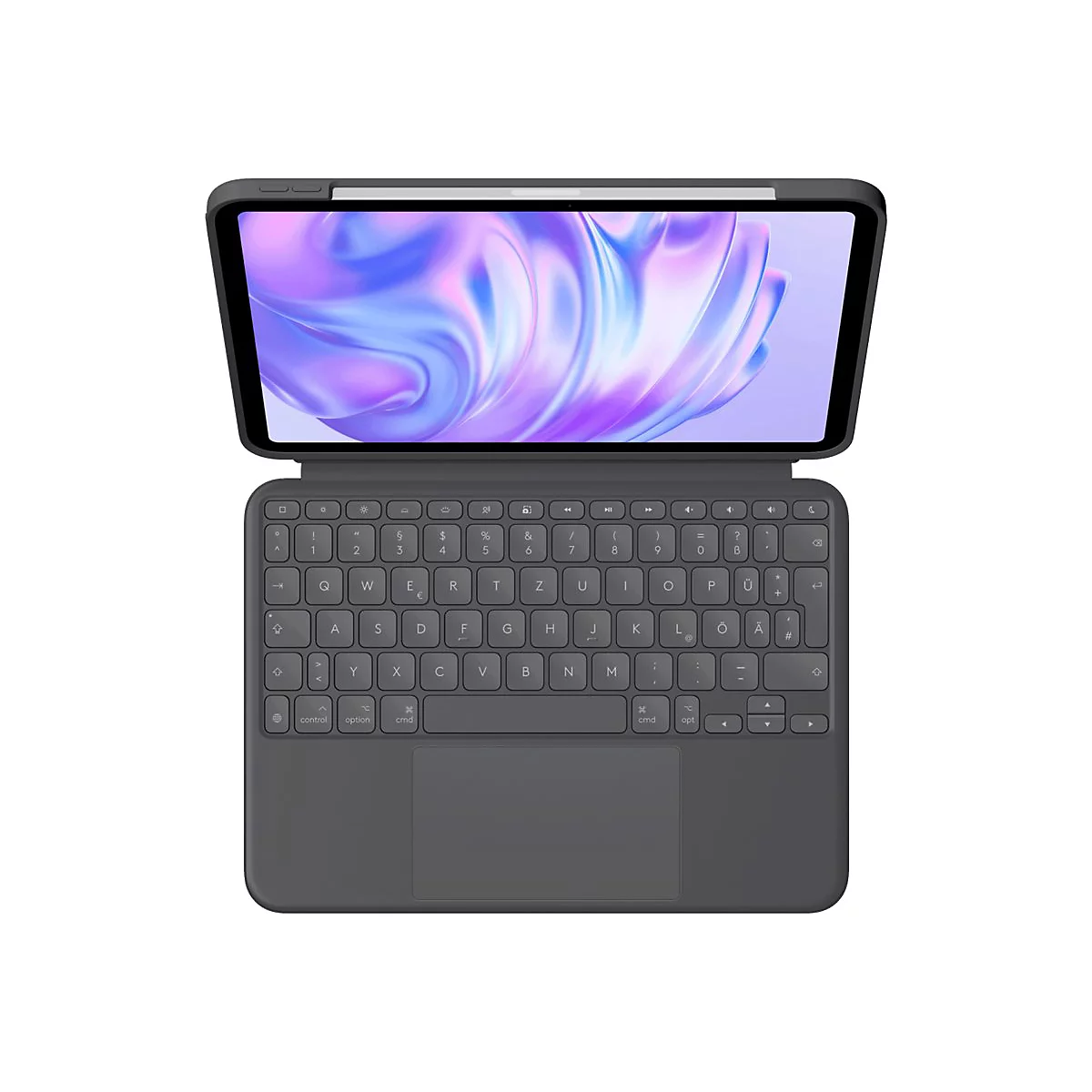 Dunkelgraues Tablet mit TastaturhÃ¼lle, Bildschirm zeigt farbige Muster. Ansicht von oben.
