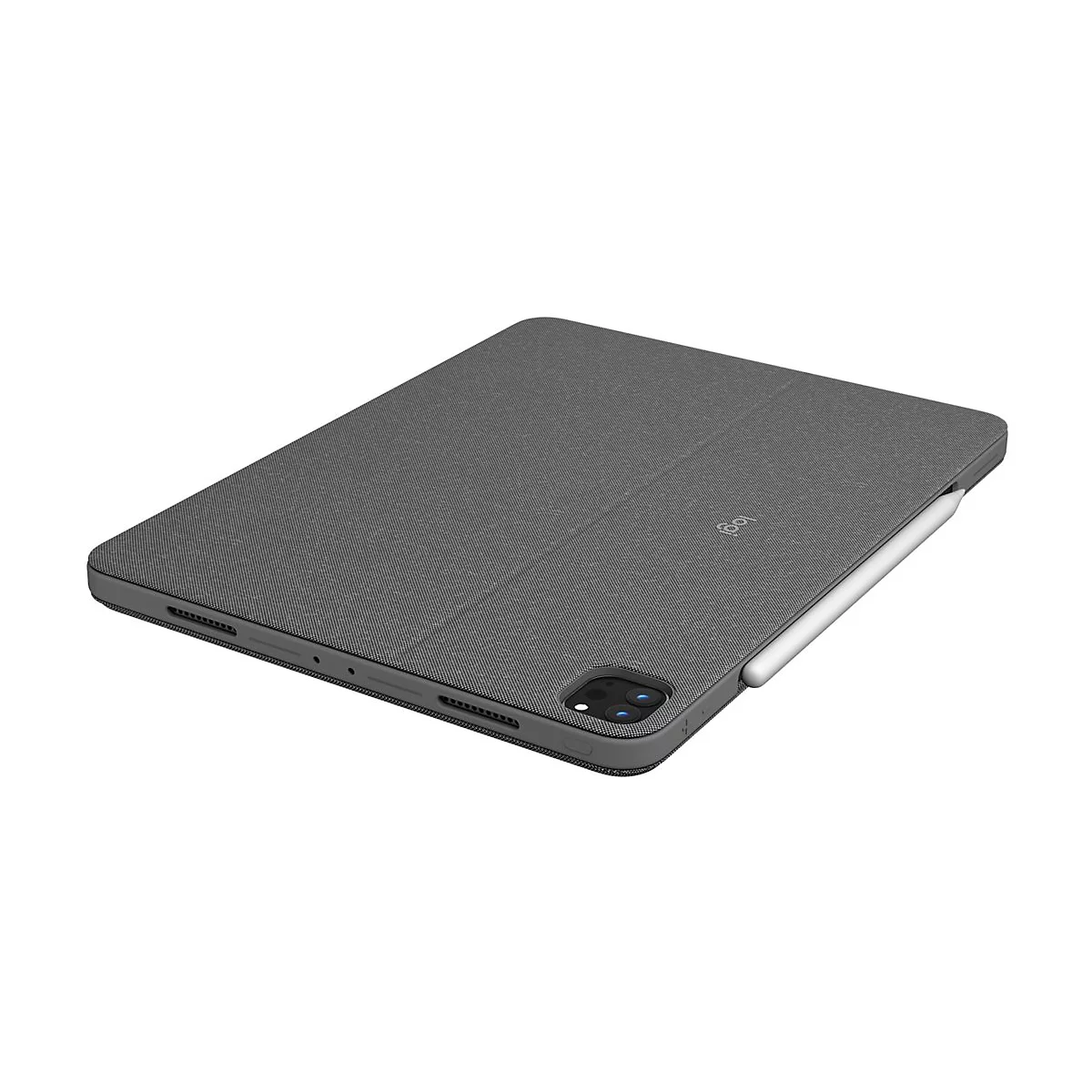 Graue iPad-HÃ¼lle mit Stifthalterung und Stift. Auf weiÃŸem Hintergrund.