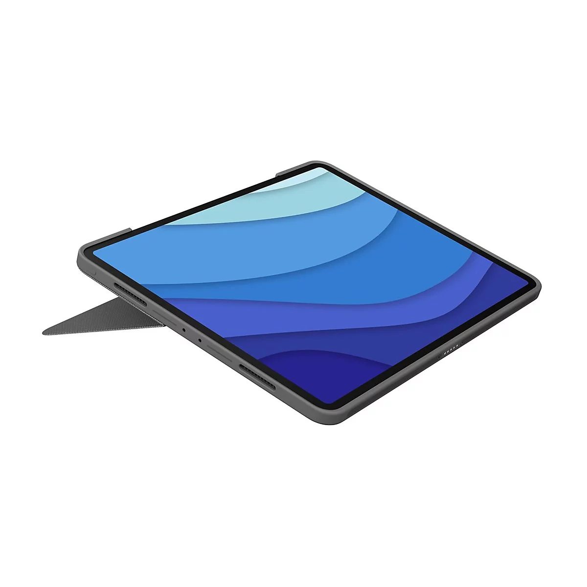 Ein Tablet mit blauem Wellenhintergrund und dunklem Rahmen, auf einem StÃ¤nder platziert.