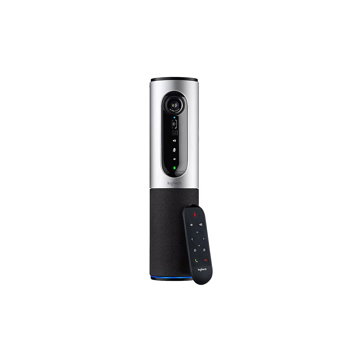 Videokonferenz-System mit Fernbedienung. Das System ist zylindrisch mit silbernem Oberteil und schwarzem Unterteil. Die Fernbedienung liegt daneben.