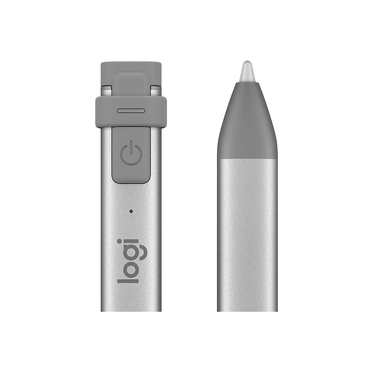 Zwei silberfarbene Stifte, links ein Stylus mit Power-Taste und Logo, rechts die Spitze des anderen.