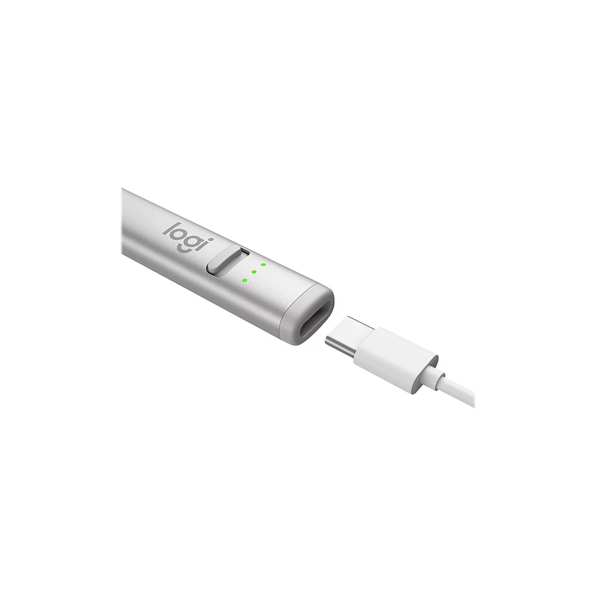 Silberfarbener Stylus mit einem USB-C-Kabel, das angedockt werden soll. Die grÃ¼nen LEDs zeigen den Ladezustand an.