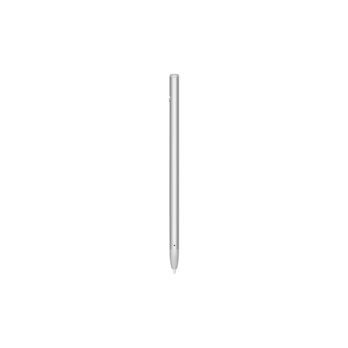 Stylus-Stift in Silber vor weiÃŸem Hintergrund. Spitze und Oberseite des Stifts sind zu sehen.