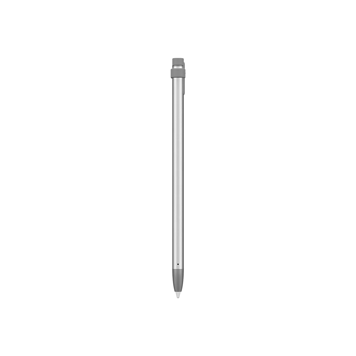 Ein silberner Stylus-Stift mit grauen Enden, isoliert auf weißem Hintergrund.