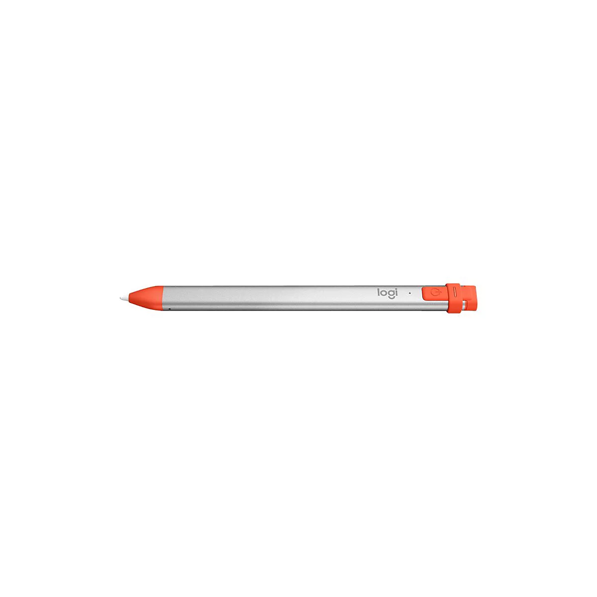 Grauer, silberner Logitech-Stift mit orangefarbenen Akzenten. Der Stift ist auf weißem Hintergrund abgebildet.