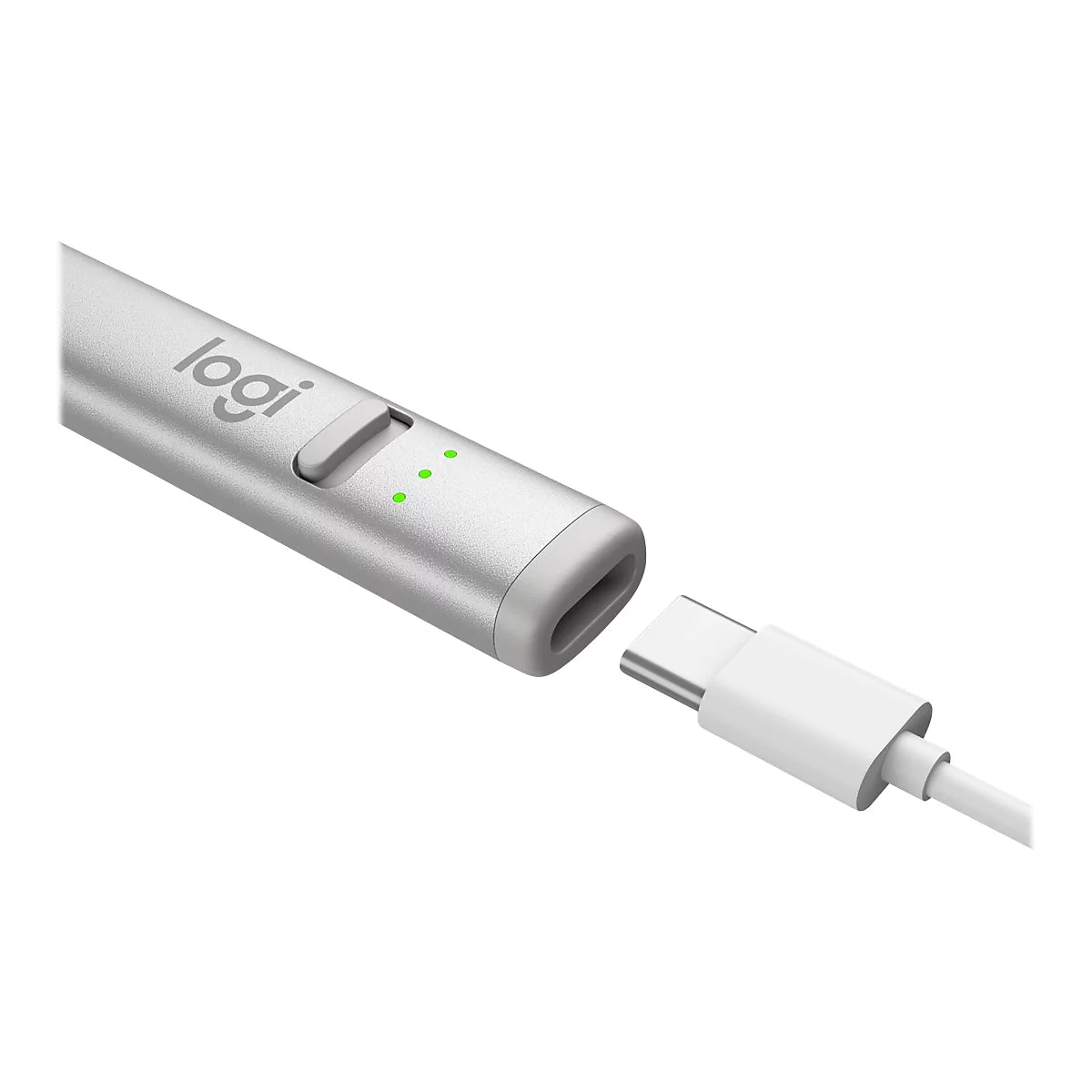 Silberner Logi-Stift, der mit einem weißen USB-C-Kabel verbunden ist. Der Stift hat grüne Lichter und ein Logo.