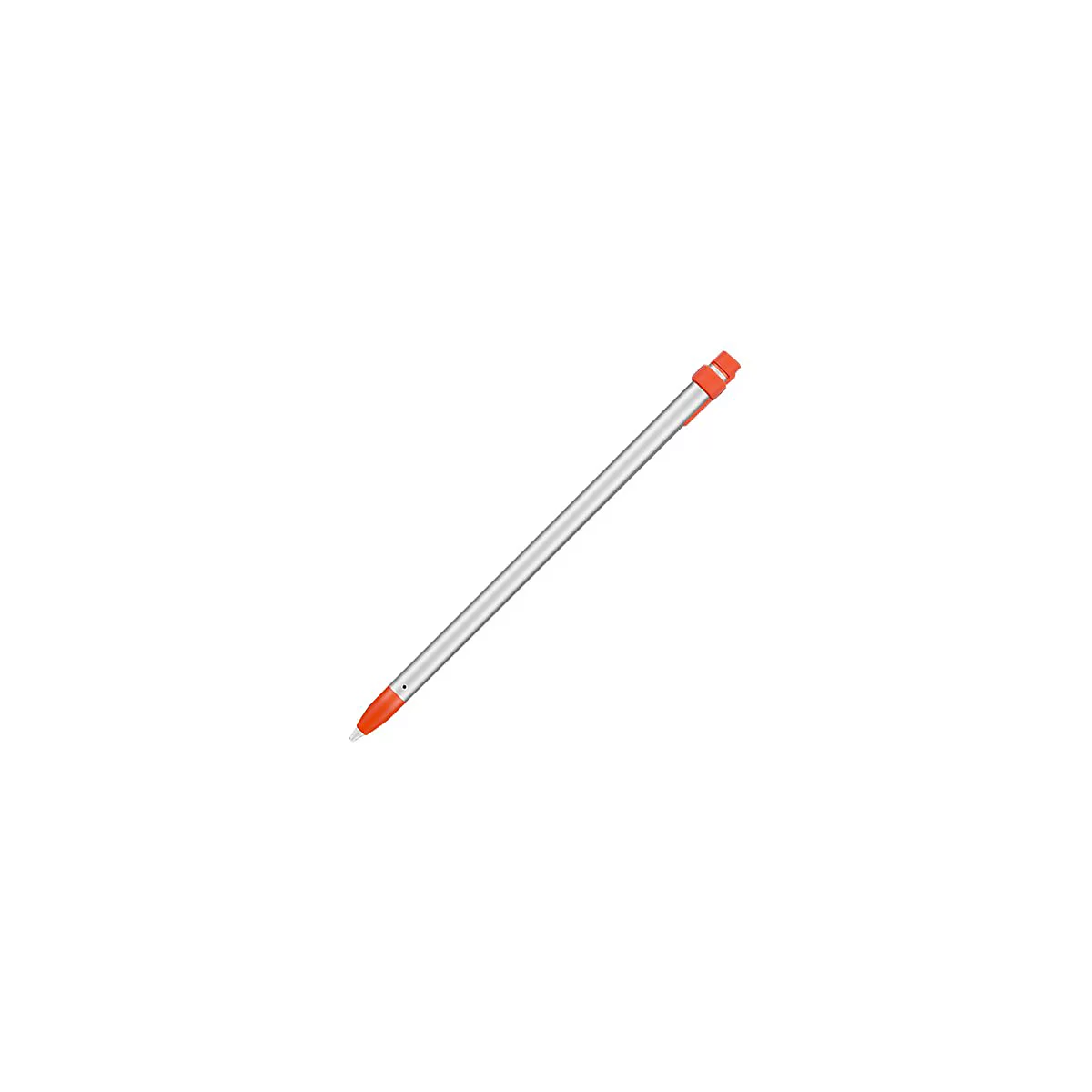 Ein silberner Stylus-Stift mit orangefarbenen Akzenten. Der Stift liegt diagonal vor weißem Hintergrund.