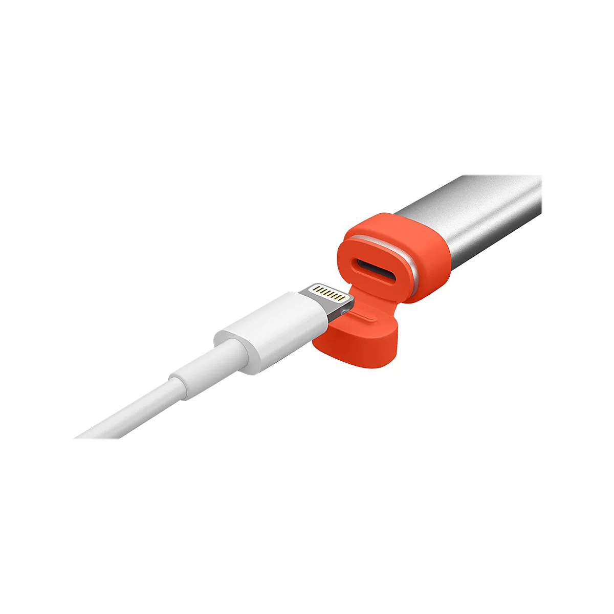 CÃ¢ble Lightning blanc connectÃ© Ã  un adaptateur orange fixÃ© Ã  un stylo argentÃ©.