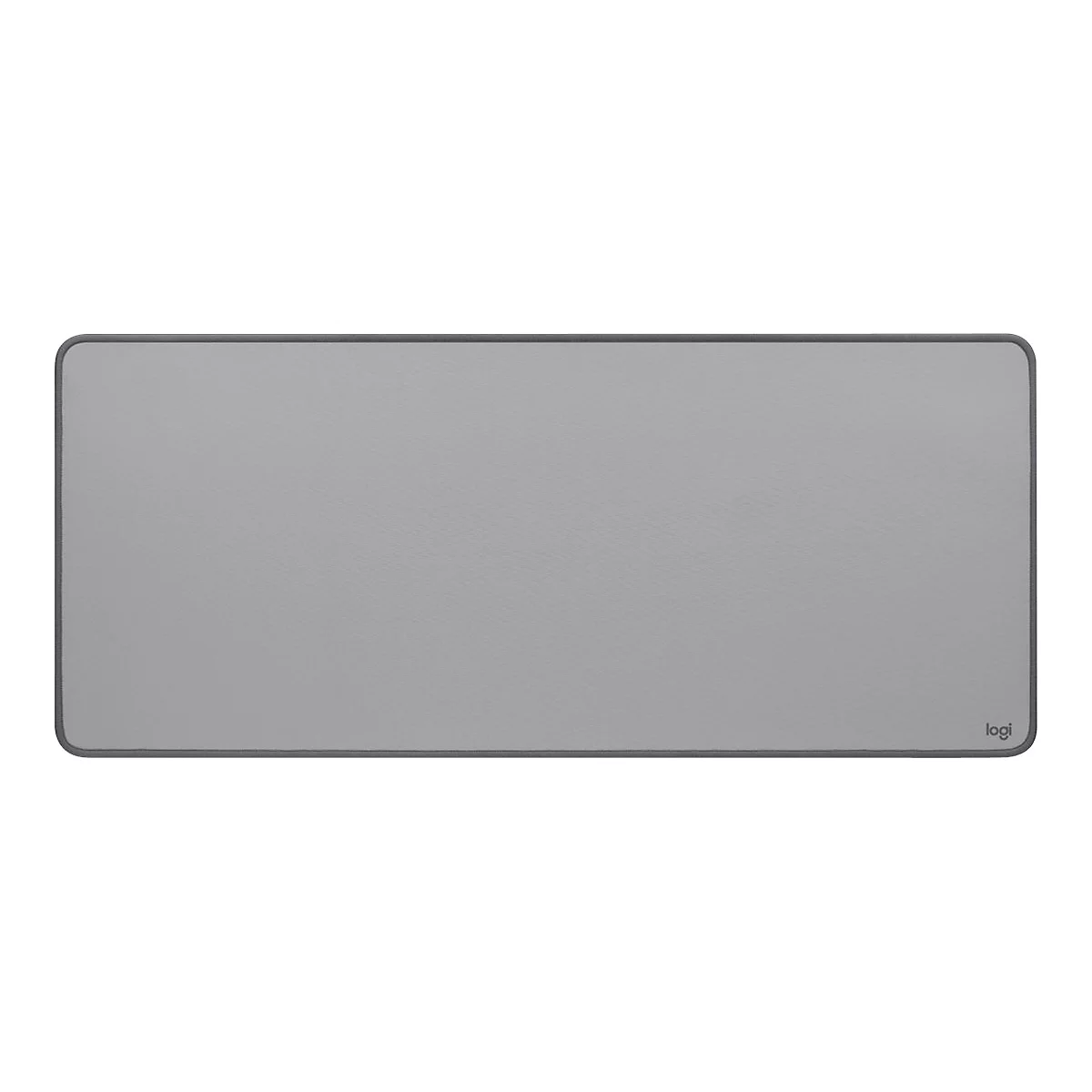 Grand tapis de souris rectangulaire gris avec des coins arrondis. Bordure noire. Logo 'logi' en bas à droite.