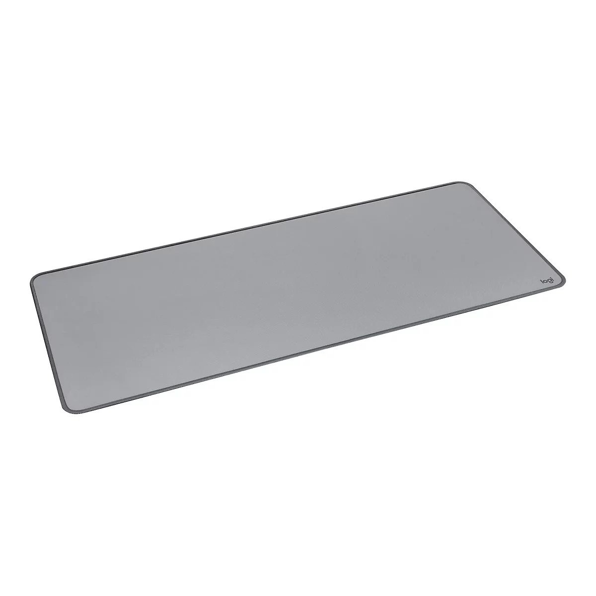 Tapis de souris gris avec logo sur le bord droit.