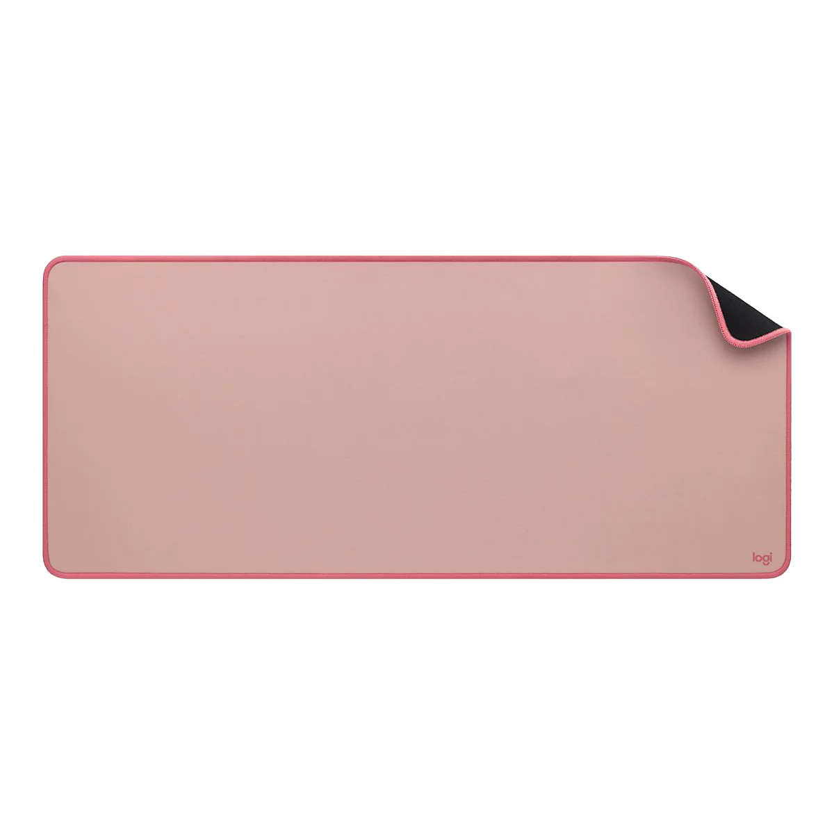 Tapis de souris rose rectangulaire avec bordure rose. Matériau noir visible sur un coin.