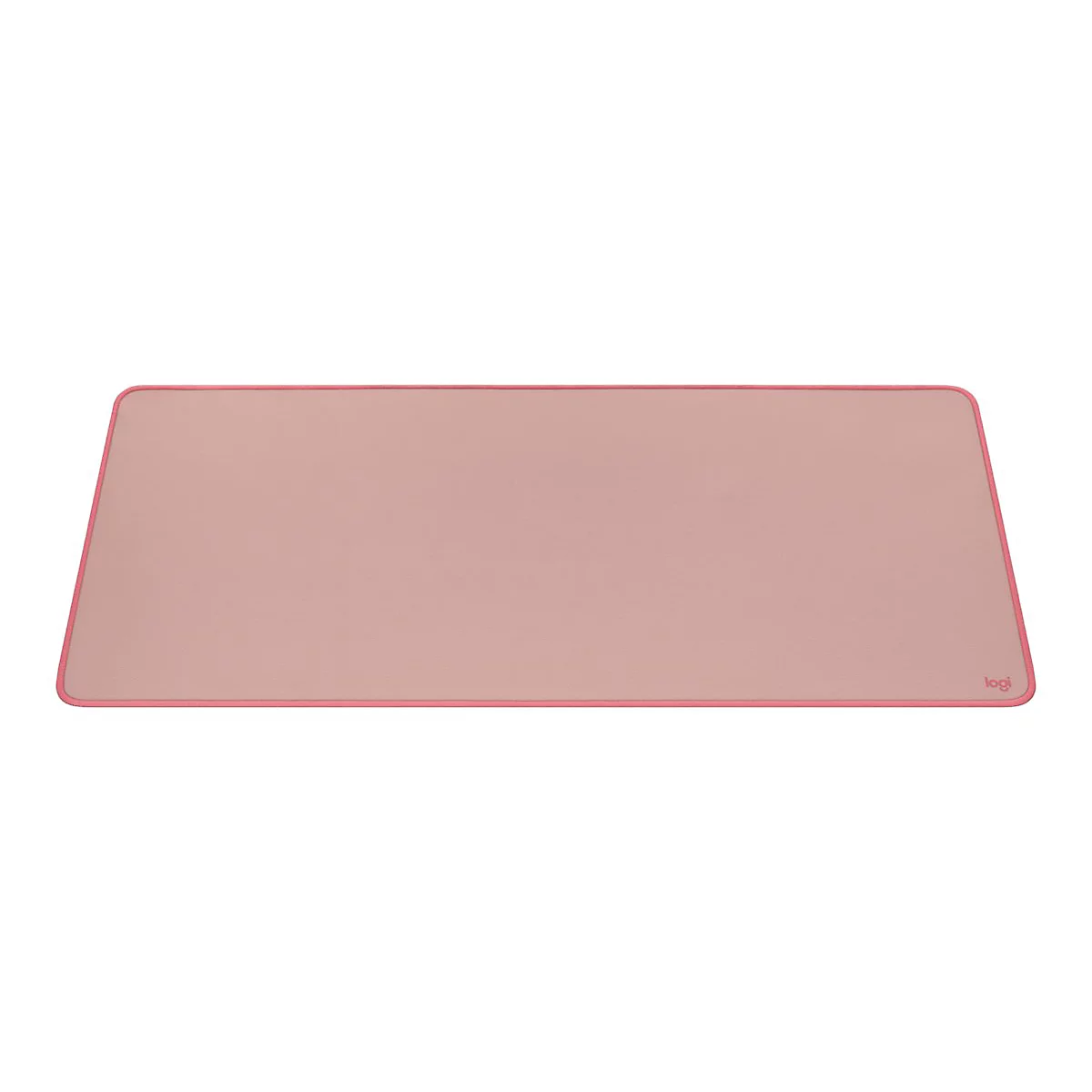 Tapis de bureau rose rectangulaire avec bordure rose, logo Logi en bas à droite.