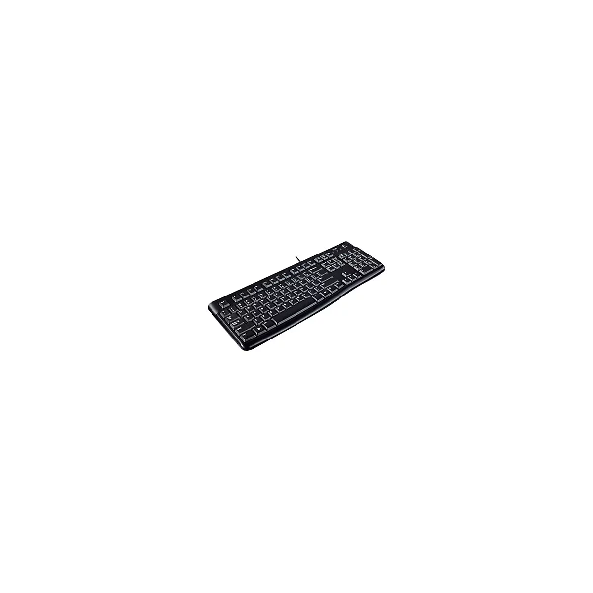 Schwarze Tastatur mit weiÃŸen Buchstaben. Ein Kabel verbindet die Tastatur.