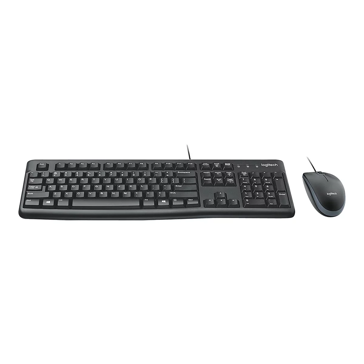 Schwarzes kabelgebundenes Logitech Tastatur- und Maus-Set auf weißem Hintergrund.