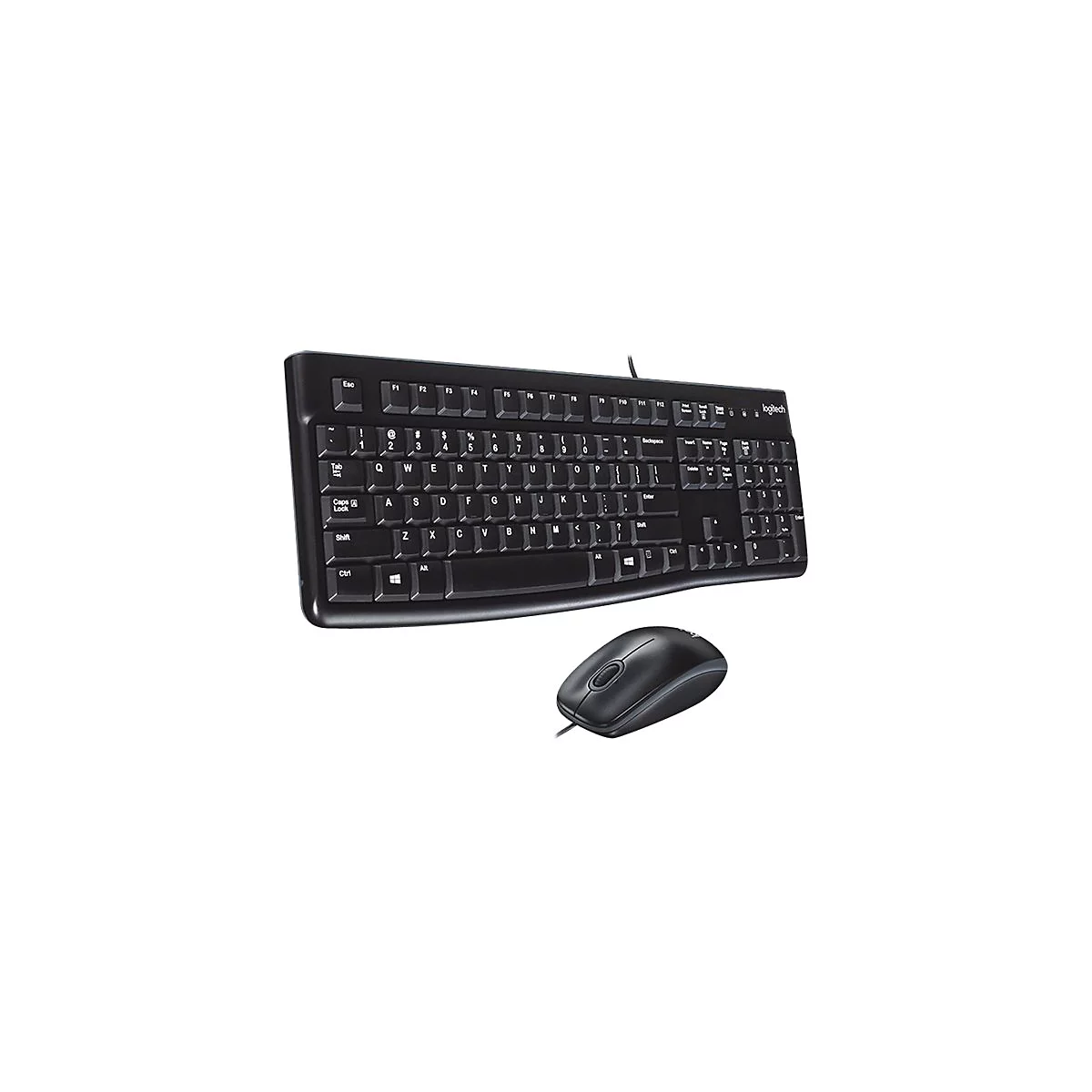 Schwarze Logitech-Tastatur mit zugehöriger Maus. Buchstaben und Zahlen sind deutlich erkennbar. Das Set ist auf weißem Hintergrund abgebildet.
