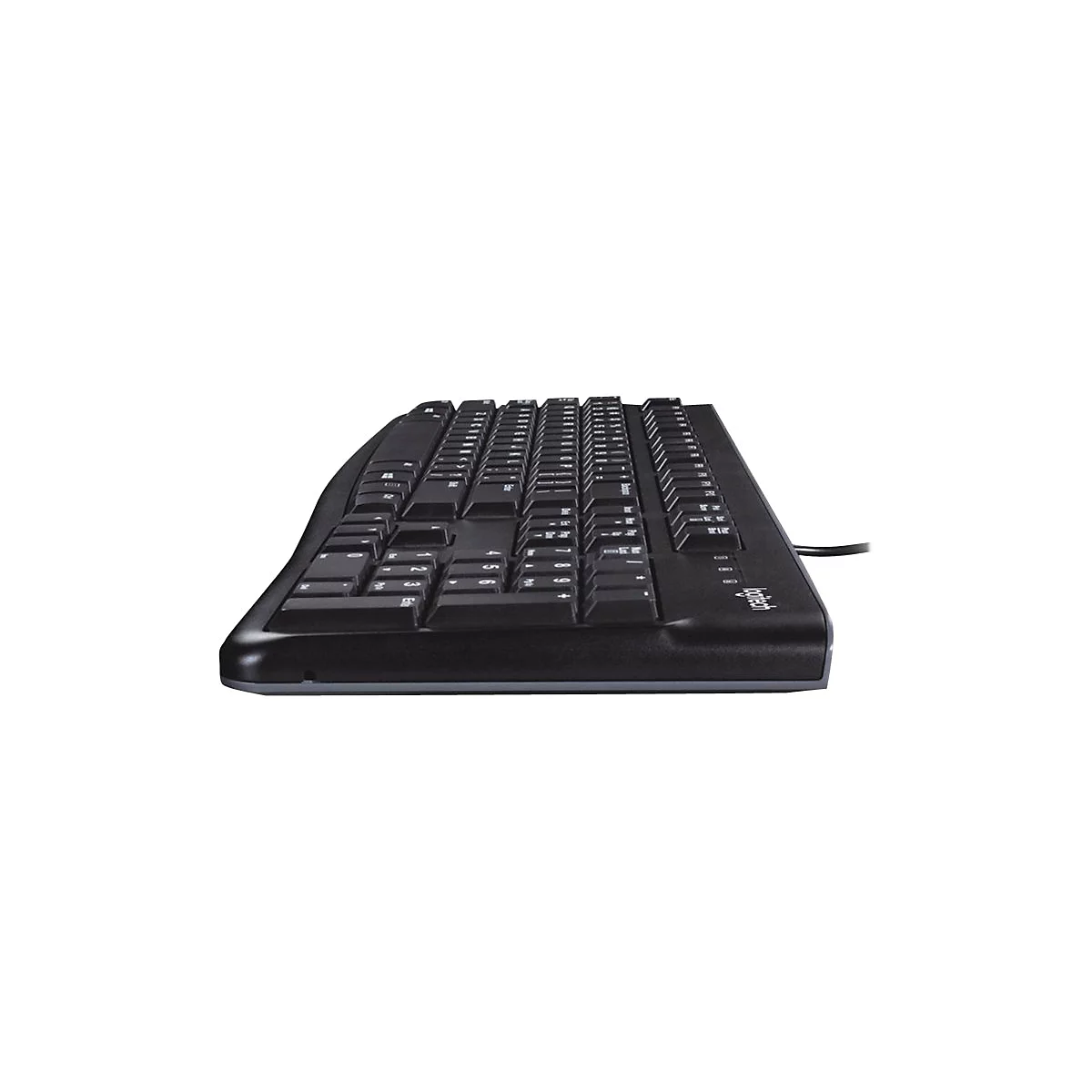 Schwarze Tastatur mit abgerundeten Kanten. Auf den Tasten sind weiße Buchstaben und Zahlen zu sehen. Ein Kabel ist am rechten Rand angeschlossen.