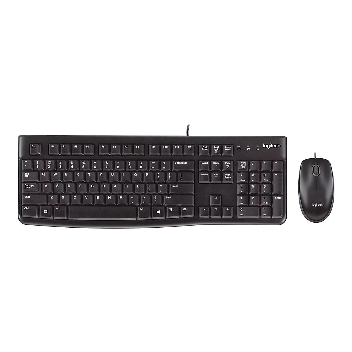Schwarze Logitech Tastatur und Maus auf weißem Hintergrund.