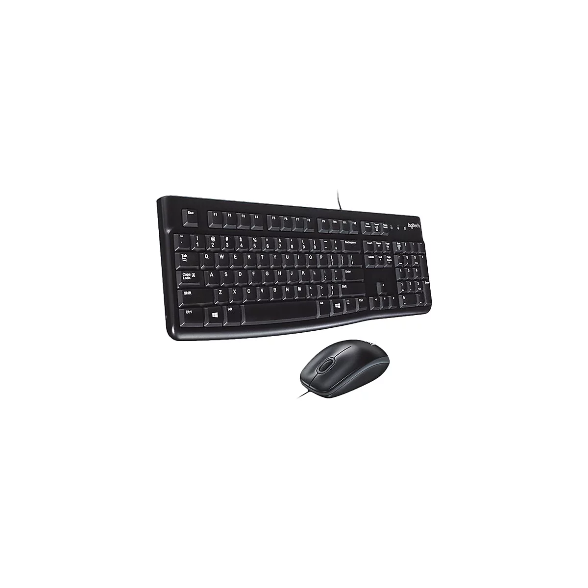 Schwarzes kabelgebundenes Logitech Tastatur-Maus-Set vor weißem Hintergrund.