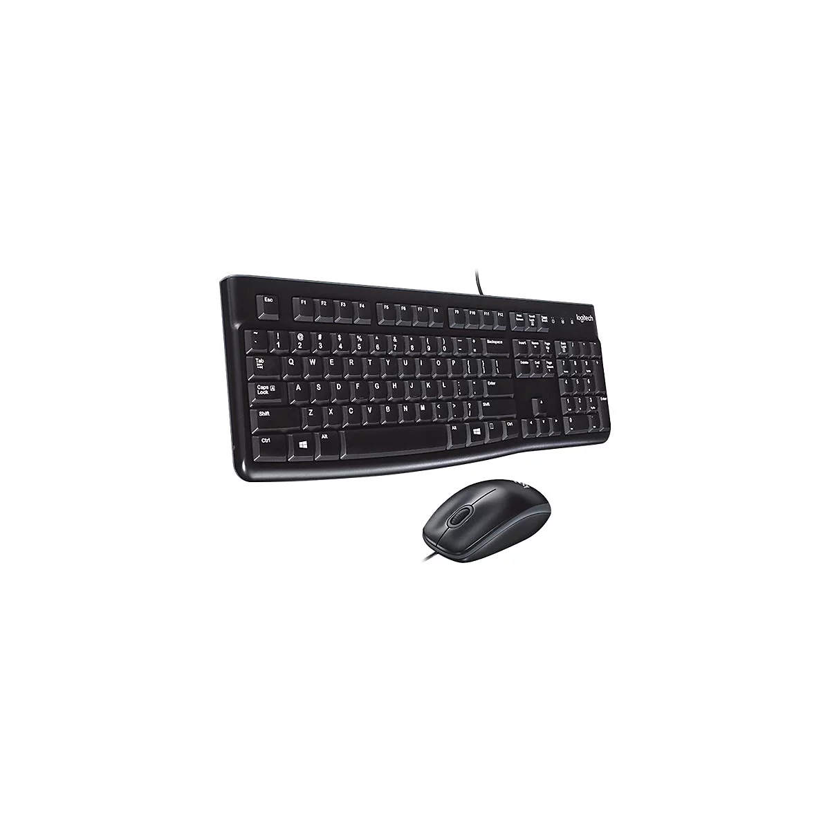 Schwarze Tastatur und Maus. Die Tastatur hat die Marke Logitech. Das Mausrad und die Tasten sind deutlich sichtbar.