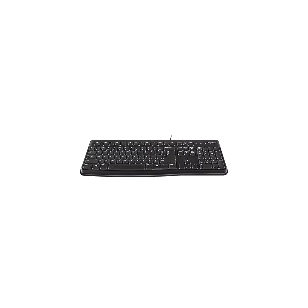 Schwarze Computertastatur auf weiÃŸem Hintergrund. Buchstaben und Zahlen sind weiÃŸ.