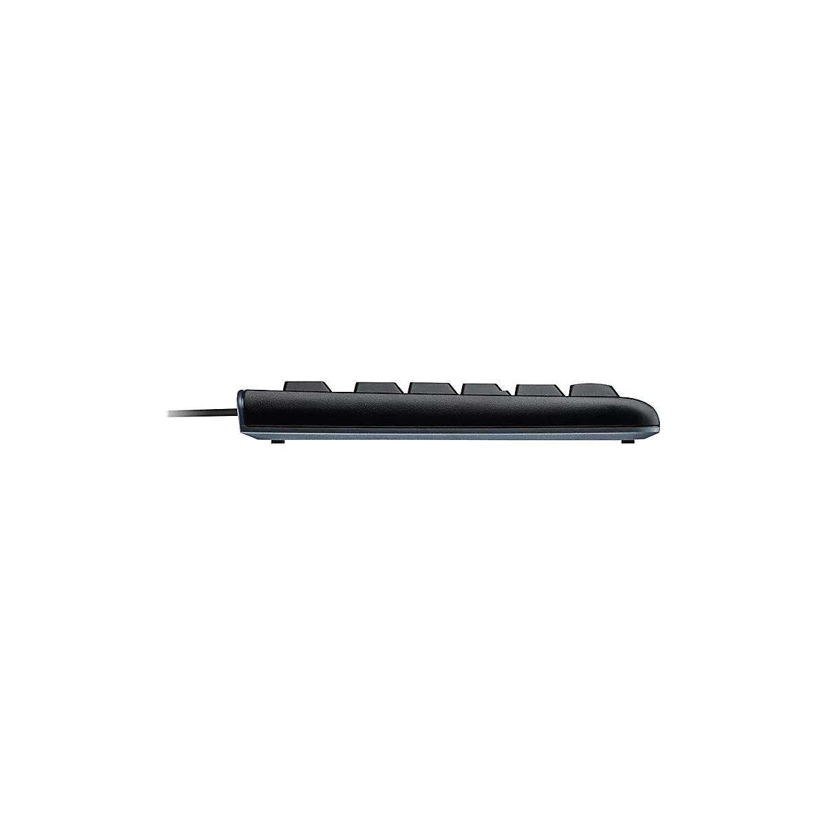 Seitenansicht einer schwarzen Tastatur mit Kabel, einige Tasten sind sichtbar.