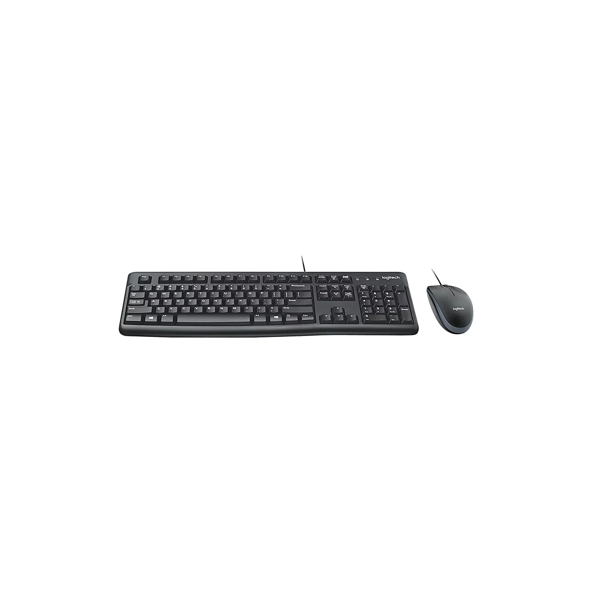 Schwarze Logitech-Tastatur und -Maus auf weiÃŸem Hintergrund.