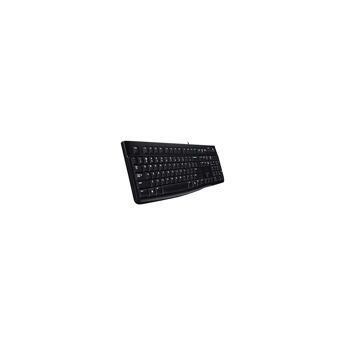 Schwarze Tastatur auf weißem Hintergrund, alle Tasten beschriftet.